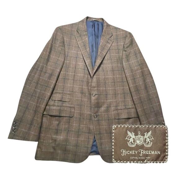 Hickey Freeman Bespoke Cashmere Sport Coat USA Brown POW Plaid Size 44 R Men